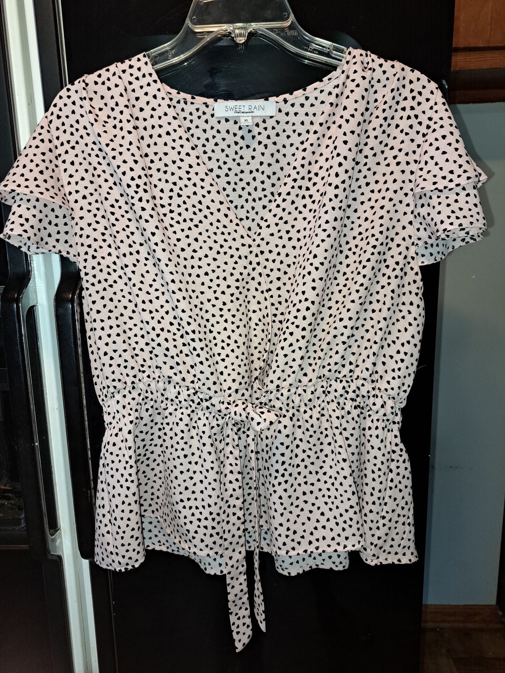 Sweet Rain Blush Pink Heart-Print Tie-Waist Peplum Blouse